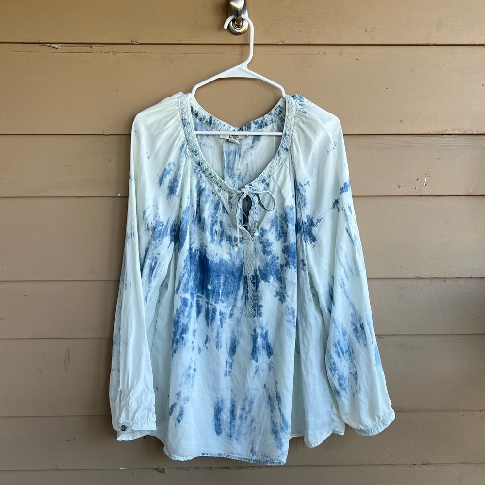 VINTAGE America Chambray Top Womens XL Blue White Tie Dye Long Sleeve Blouse